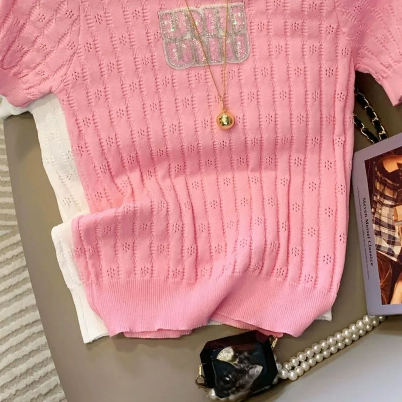 المتناقضة اللون رسالة مرصع الماس قصيرة الأكمام محبوك المرأة 2025 صيف جديد الحبيب التوابل فتاة تي شيرت #6