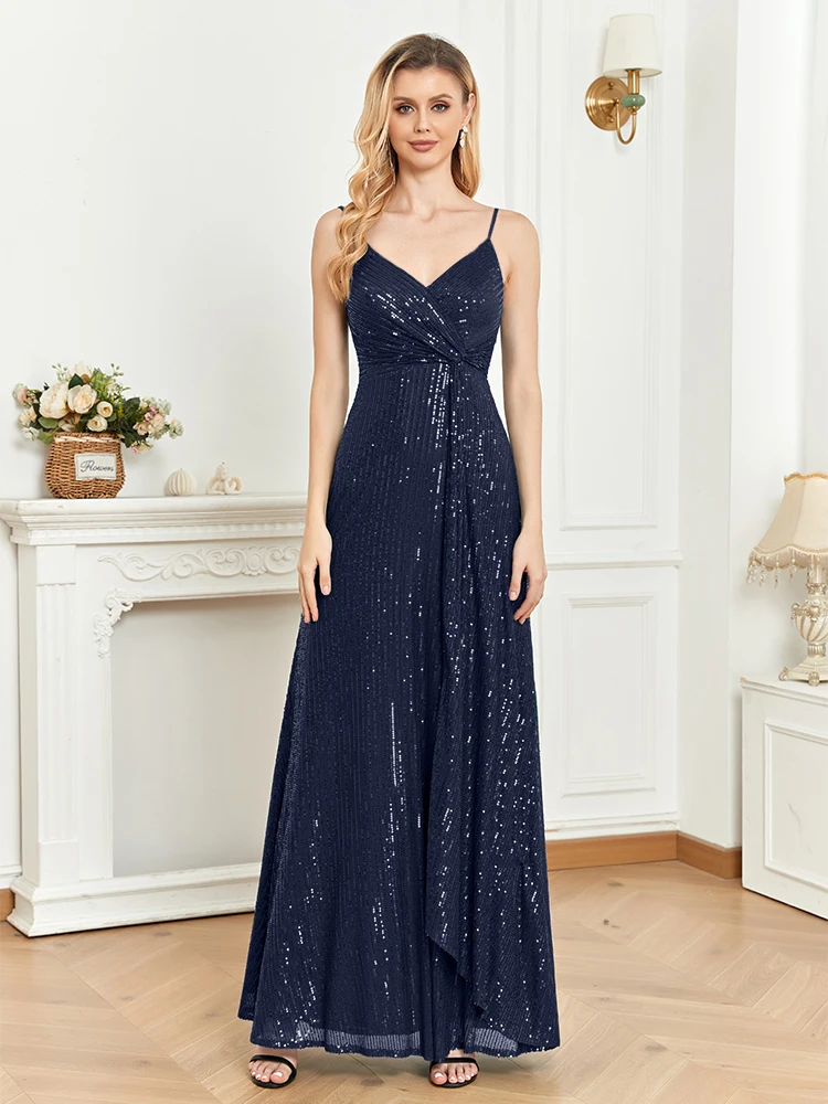 Lucyinlove Elegant Royal Blue Sequins V Neck Evening Dress Long 2024 Wedding Party Maxi Formal Dress Women Cocktail Prom Dress