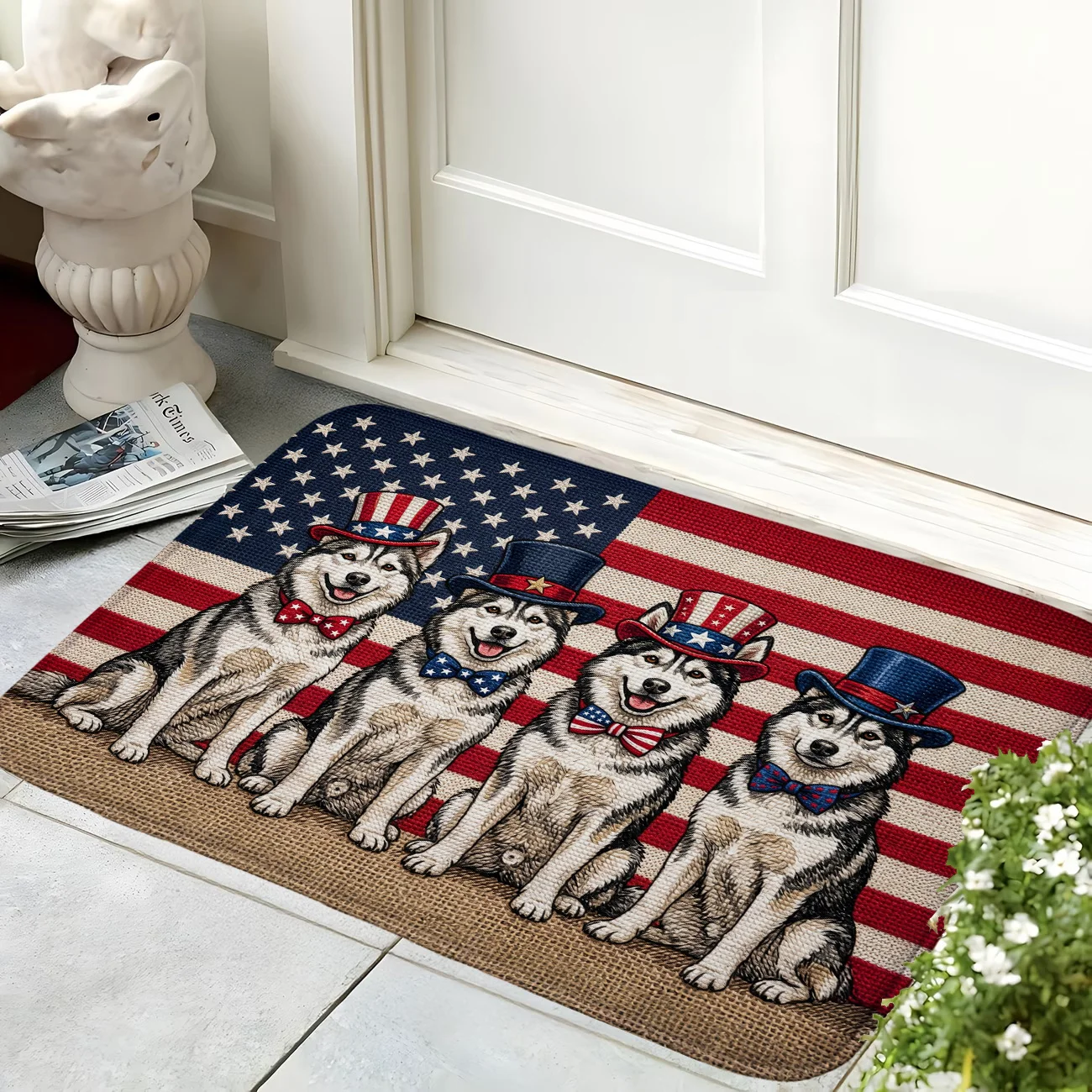 Patriotic Husky Dog Doormat US Flag Independence Day Entrance Rug Funny Animals Non-Slip Welcome Floor Mat for Home Decor