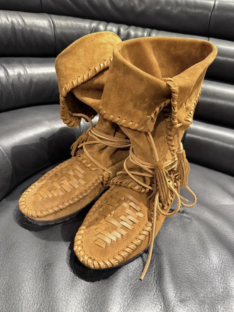 

Interior Height Increasing Retro Tassel Strap Western Boots 2025 Autumn and Winter Brown Leather Boots with Foldable Stack Boots