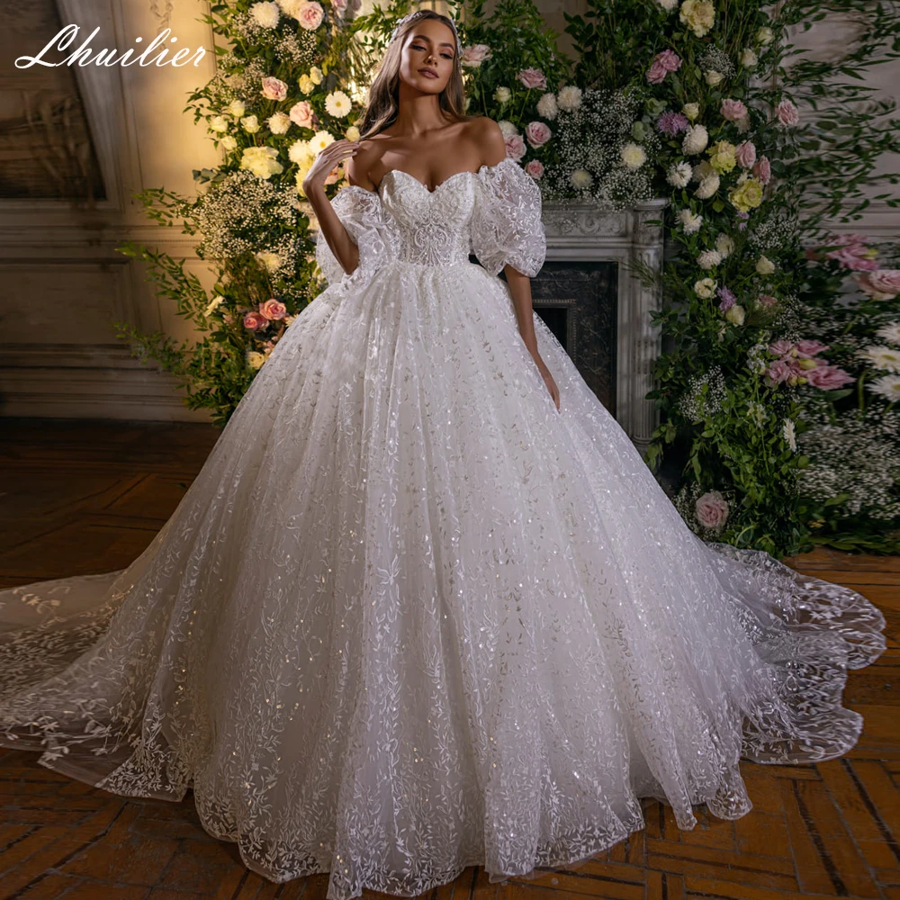 

Lhuillier Elegant Ball Gown Strapless Lace Wedding Dresses Floor Length Beaded Puff Sleeves Bridal Dress with Chapel Train