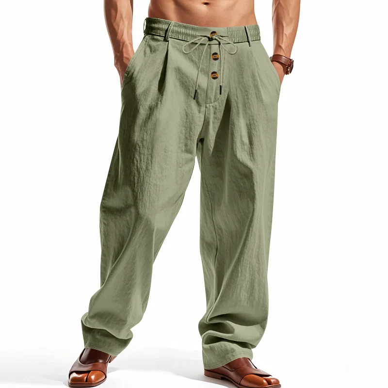 Herren Boho Leinenmischung Weite Hose mit Hoher Taille, Kordelzug, Knopfleiste, Lockerer Passform und Seitentaschen – Detail 24