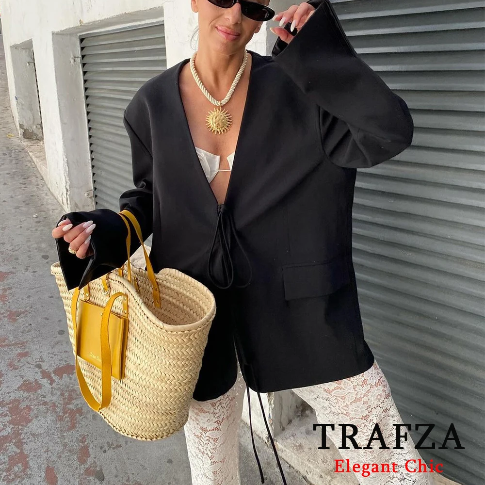 TRAFZA Casual Solid Black Women Blazer Pockets Fashion 2024 Spring Autumn V-Neck Loose-Fitting Bow-Tie Blazer Office Lady Jacket