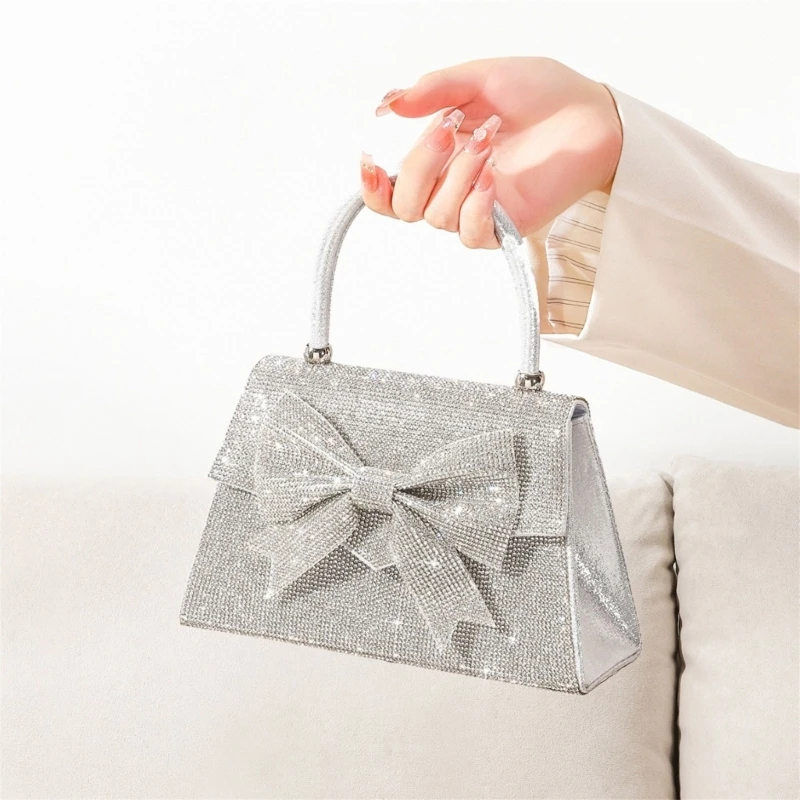 Women Sparkling Rhinestones Bowknot Evening Bag Bridal Elegant Wedding Clutch Prom Party Handbag with Chain Strap Shoulder Bag