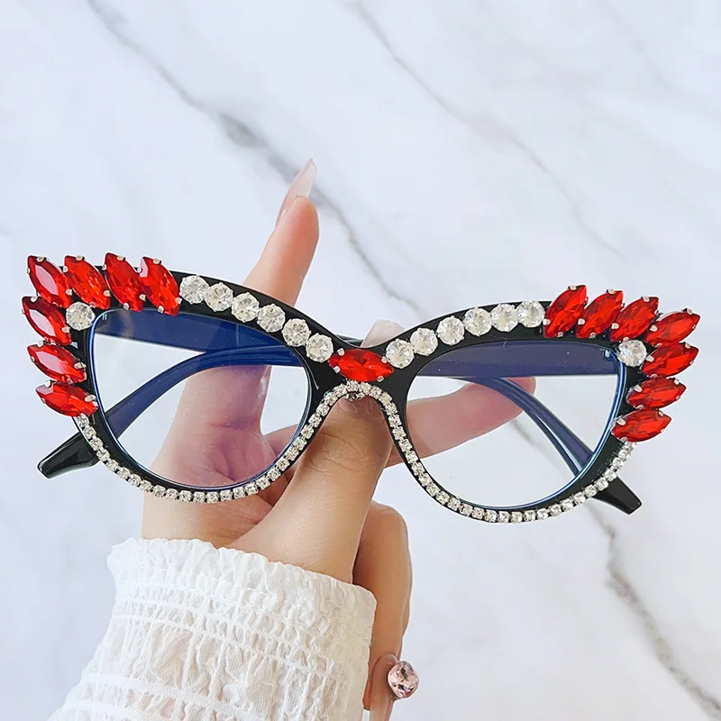 SHAUNA Retro Cat Eye Women Luxury Crystal Glasses Frame Clear Anti-blue Light Eyewear Men Optical Frame