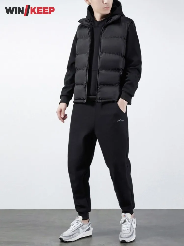 New Autumn Winter Black Tracksuit Mens Pullover Hoodie Stand Collar Vest Drawstring Pants Sports Running Three Piece Set Male