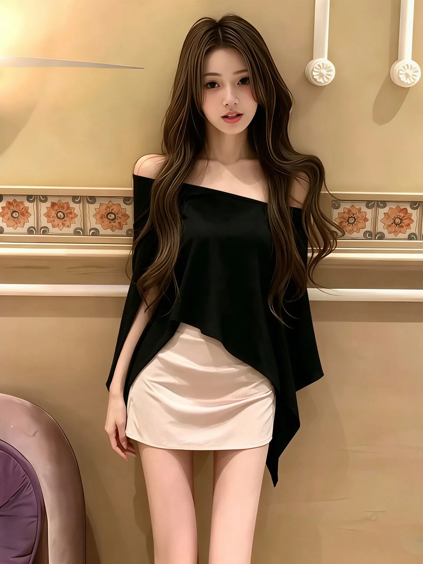 Loose Short Sleeve Black American Style Women's T-shirt Summer High Sensation Miu Shoulder One-Shoulder Top City Walk Ladies