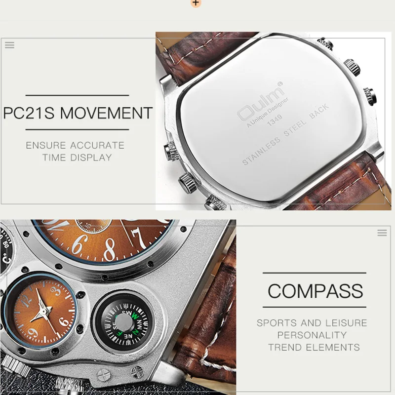 Oulm Creative Big Watch Men Chronograph Multi Dials Quartz Watch Military Sport Wristwatch Male Leather Strap Clock with Compass