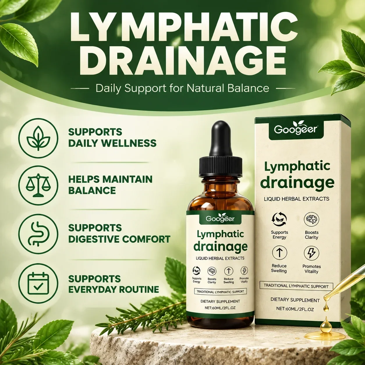Lymphatic Drainage Liquidt,Supports Lymphatic Health & Fluid Balance, Herbal Extrac,Cleavers, Red Clover & Prickly Ash Bark 60ml