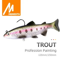 MEREDITH-Señuelos de pesca con cabeza de trucha, cebos artificiales de natación, 12cm/1 Uds., cola en T, señuelos blandos de silicona, Swimbait Wobblers