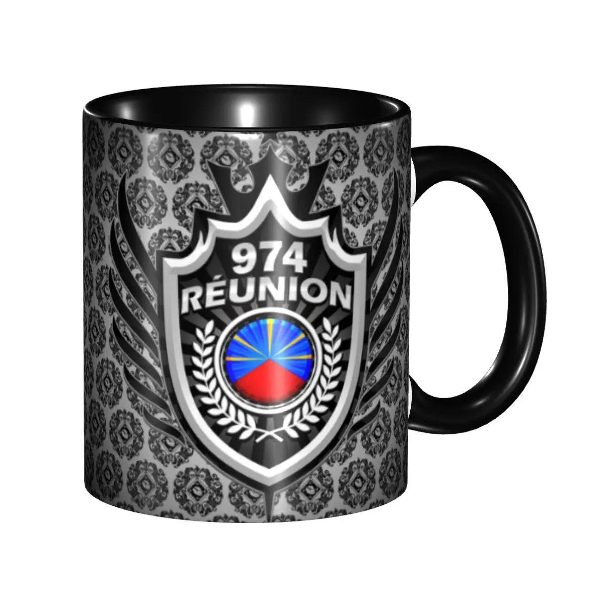 

Customized 974 Reunion Coat Of Arms And Ornaments Coffee Mugs DIY Ceramic Milk Tea Cups