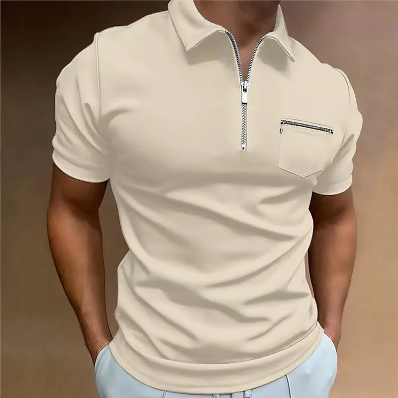 2023 Summer Trip Men\'s Casual Short-Sleeved Polo Shirt Chest Zipper Pocket T-Shirt Men\'s Breathable Polo Shirt Men\'s Clothing