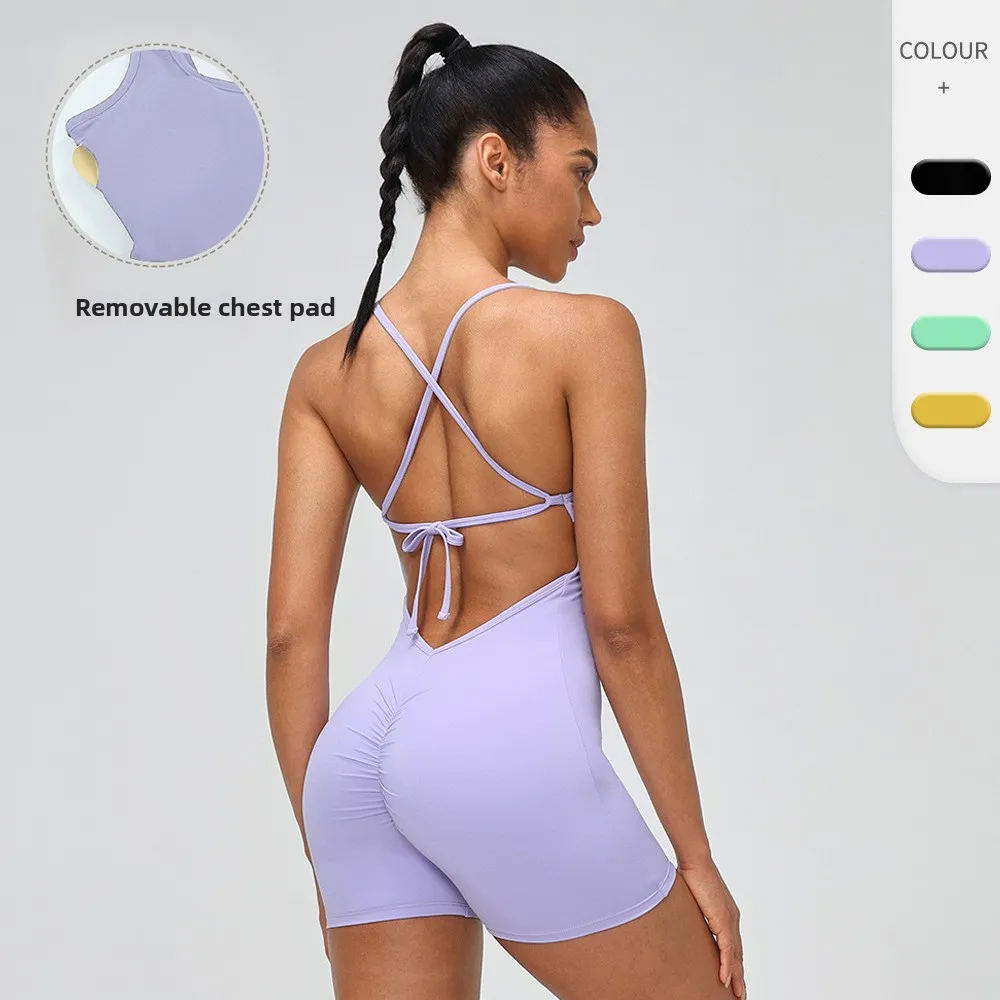 Sexy Women Seamless Tie‑Back Short Yoga Jumpsuit Hip Lift Breathable Quick‑Dry Slim Fit Gym Running Pilates Workout Bodysuit