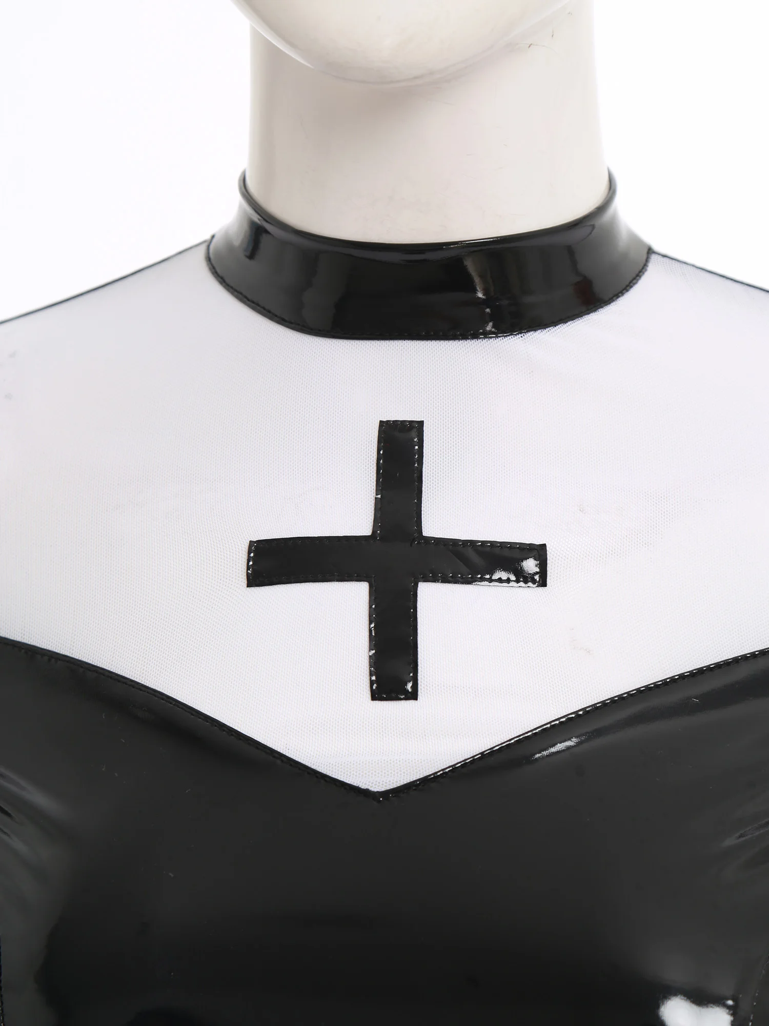 Women Patent Leather Nun Sister Cosplay Dress Long Sleeve Slit Hem Shiny Slim Fit Micro Dress for Halloween Carnival Party Dress - Image 4