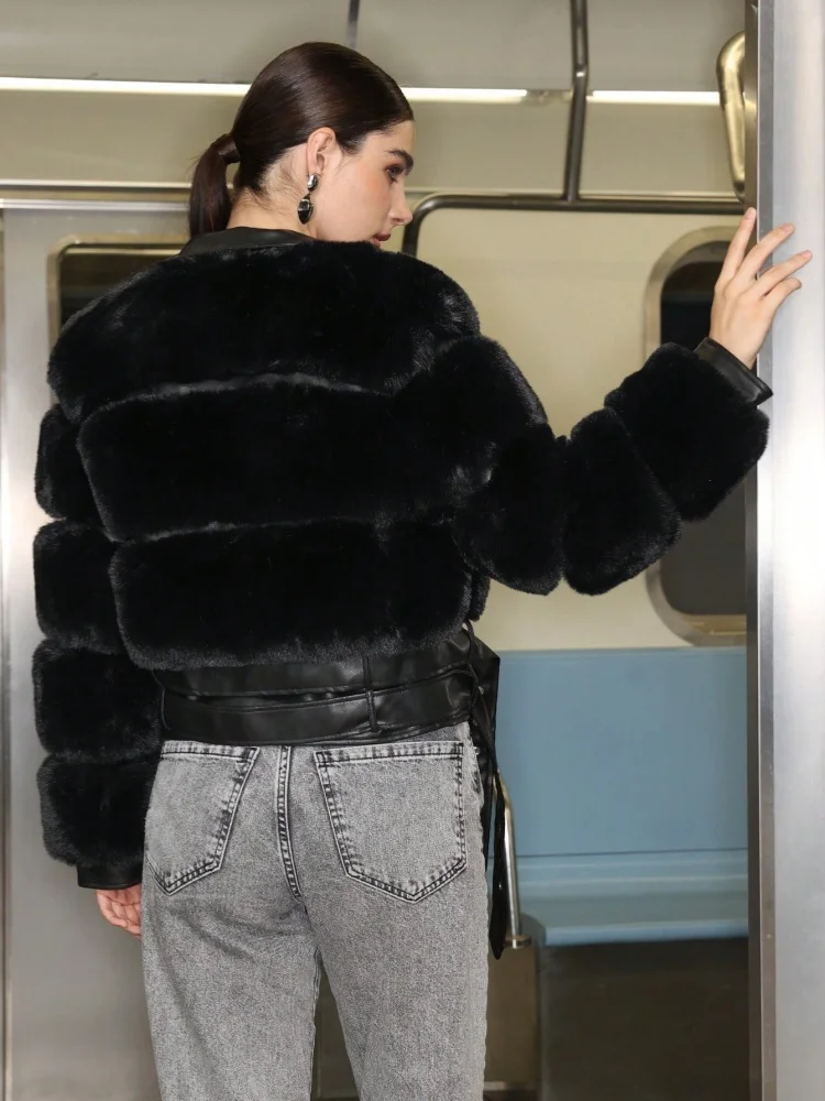 D&M 2024 Women  Faux Fur PU leather Top Coat Autumn Winter High Quality Slim fit Coat Faux Fur Jacket Ladies furry Fashion Tops