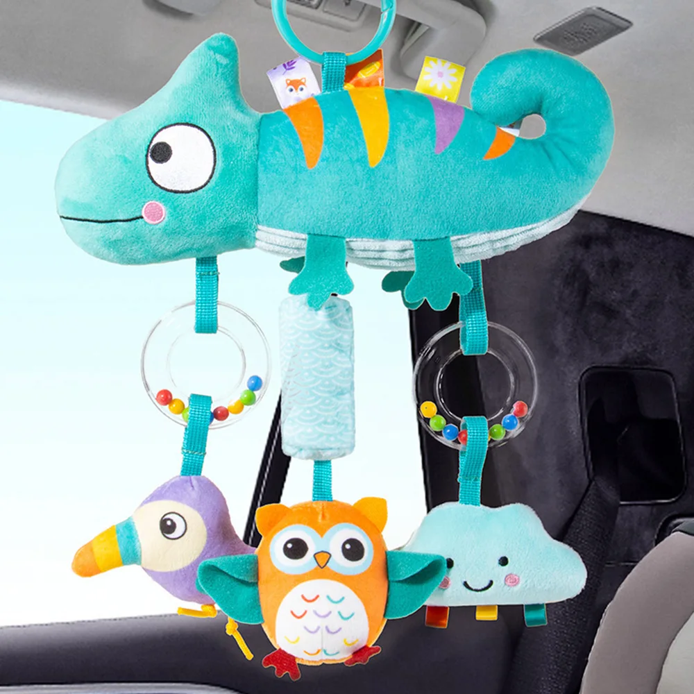 Chocalhos para carrinho de bebê, brinquedo de viagem, chocalhos de mão com design de desenho animado, brinquedo portátil com aderência macia para recém-nascidos, presentes
