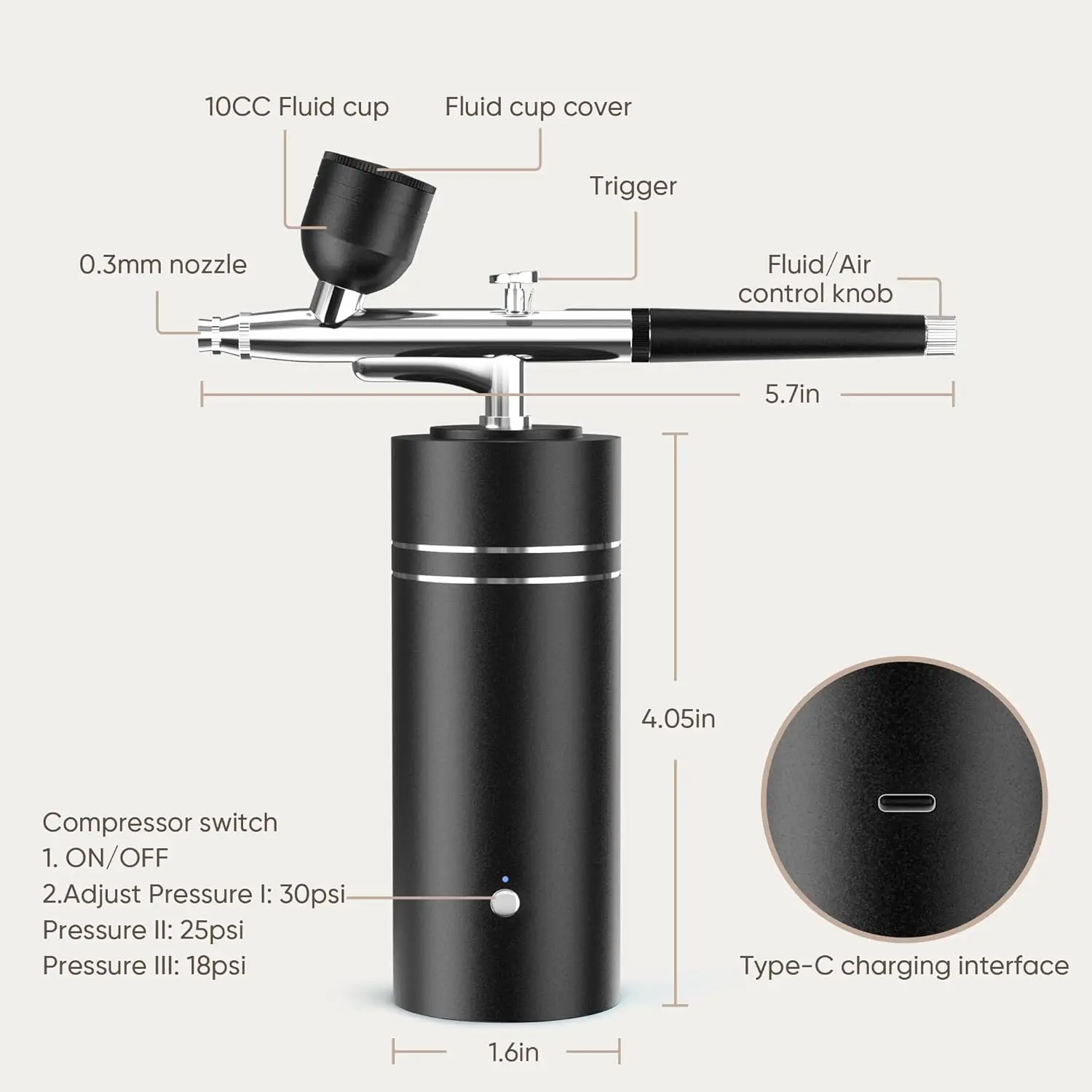 طقم بخاخة لاسلكية محمولة مع ضاغط، 30 رطل لكل بوصة مربعة للأظافر والرسم وديكور الكيك
