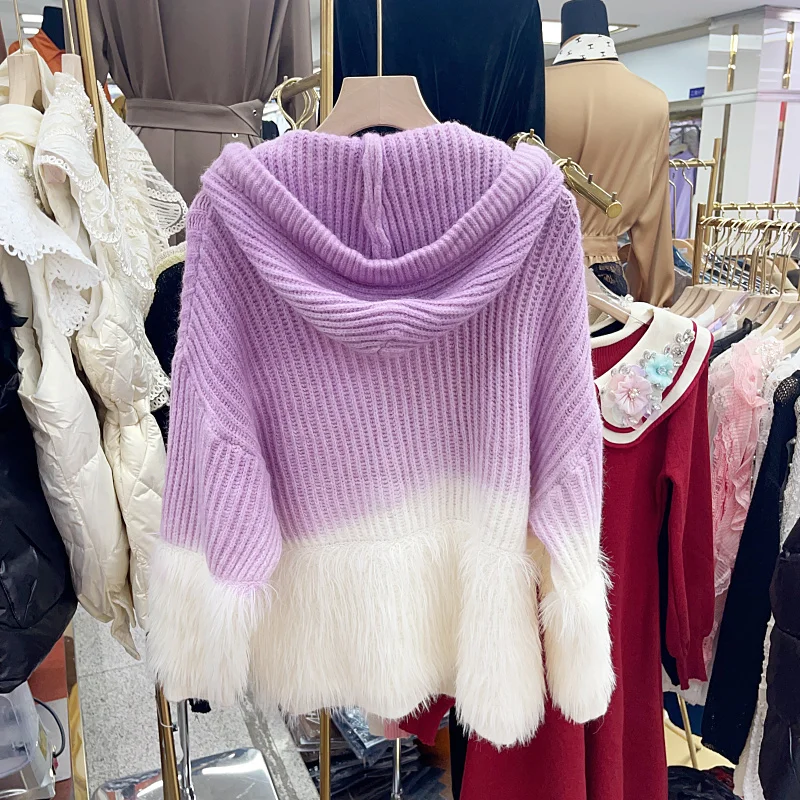 Rhinestone Gradient Hooded Knitted Soft Glutinous Lazy Sweater Women\'s New Autumn and Winter Casual Loose Pullover Coat