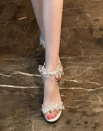 White Clear Crystal Rhinestone Ankle Strap Sandals Round Open Toe Cover Heel Back Zip 8 10 CM One Line High Heel Wedding Shoes