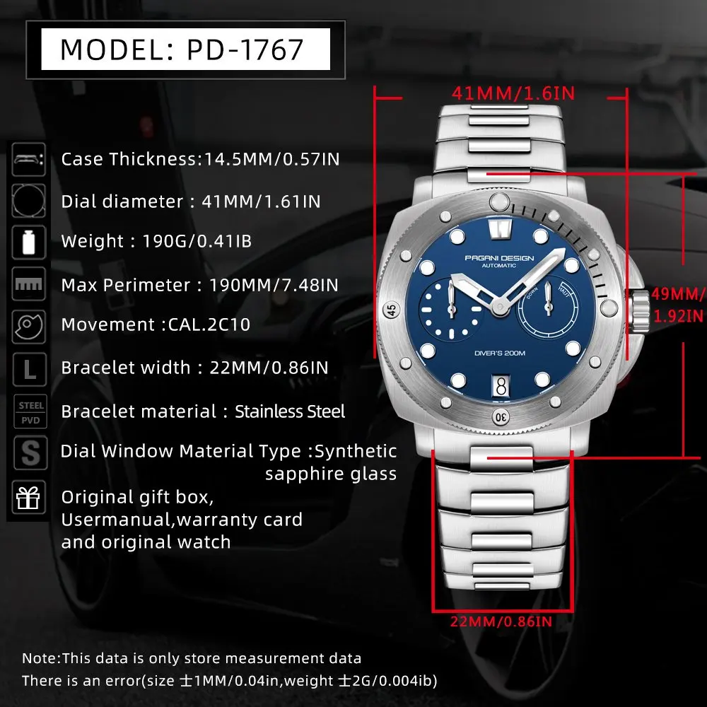 ساعة غوص ميكانيكية أوتوماتيكية من Pagani Design مصنوعة من الفولاذ المقاوم للصدأ وكريستال الياقوت AR وعرض تخزين الطاقة ساعة ميكانيكية للرجال