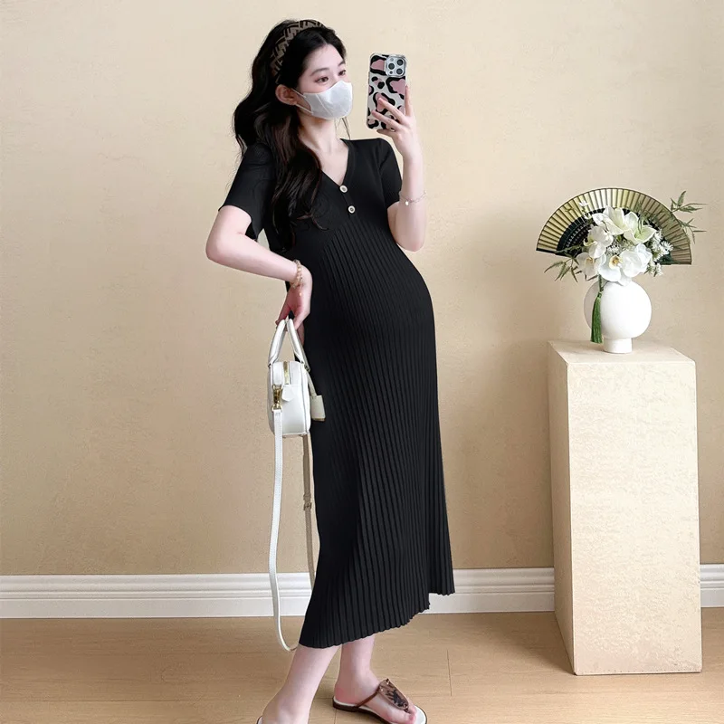 

Fashion Dress Pregnant V Neck Plus Size Short Sleeve Korean Maternity Clothes Dress Elegant New Arrival Pregnancy Knitted