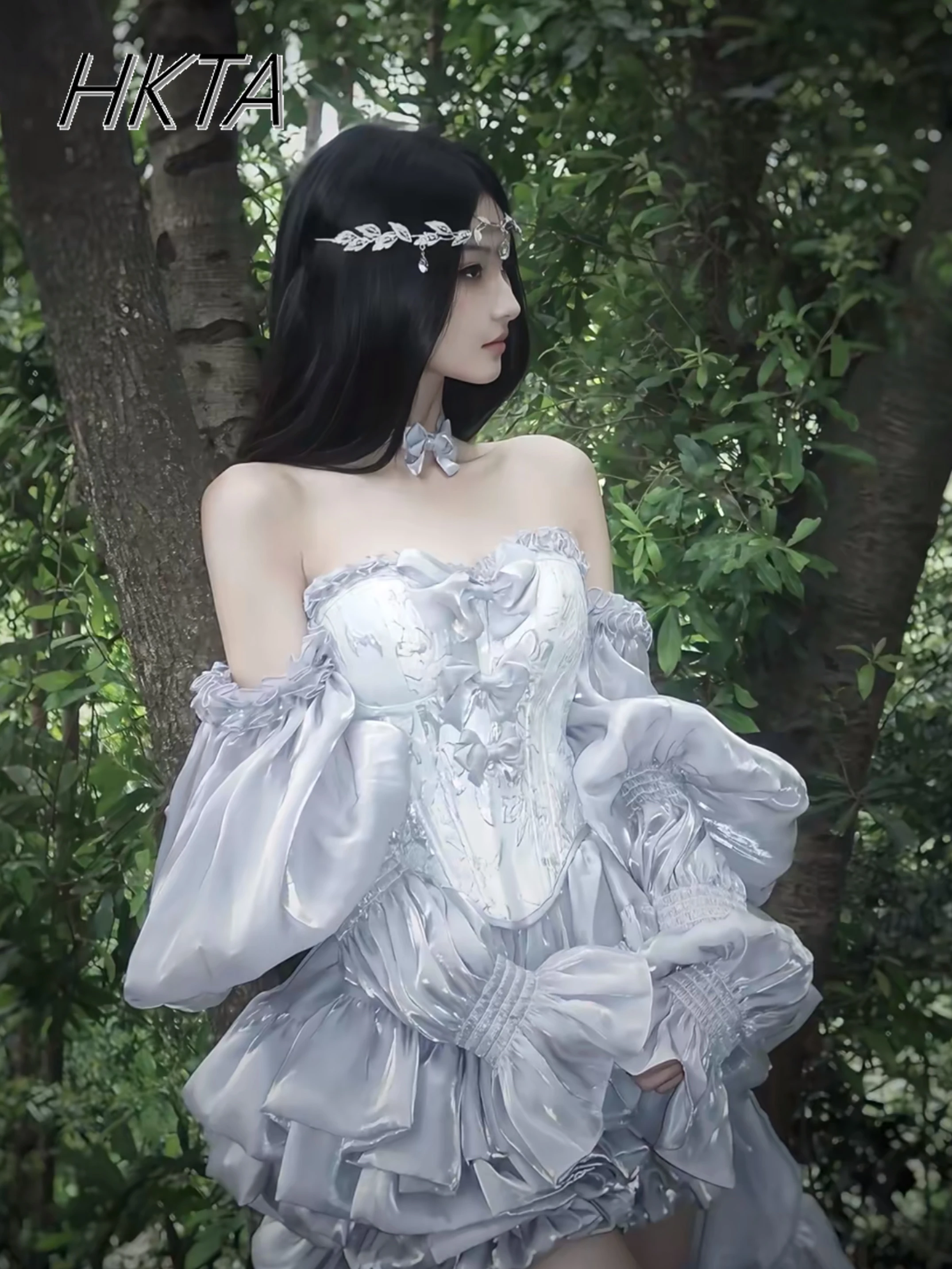 Elegante Prinses Zilveren Lolita Jurk Set Vrouwen Boog Geborduurde Slanke Tube Top Vest Geplooide Trailing Pluizige Mini Rok Outfit