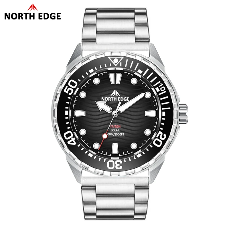 NORTH EDGE 2025 nuevo reloj de buceo TRITON con energía Solar, relojes de cuarzo de lujo para hombres, caja de acero inoxidable 316L resistente al agua 300M