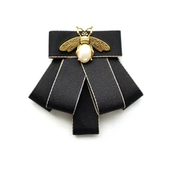 Korean Fabric Bow Tie Brooches Women Suit Shirt Collar Pearl Crystal Beee Lapel Pins Casual British Style Neckties Men's Jewelry