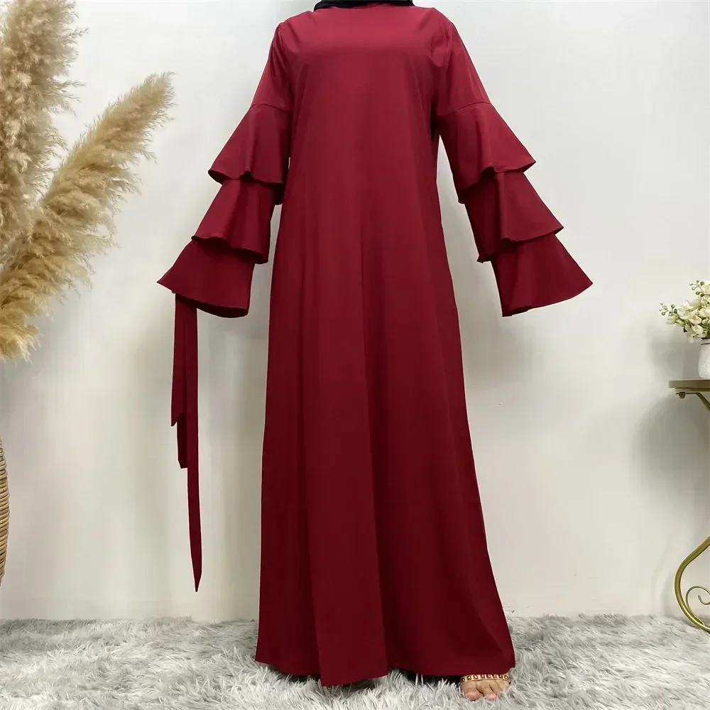 

Muslim Dress Middle East Abaya Solid Color Turkey Caftan Saudi Muslim Women O-neck Loose Lace-up Multilayer Long-sleeved Robes