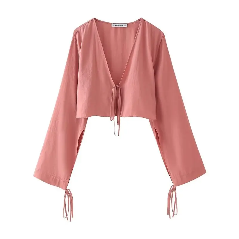 

Summer 2024 Women's Design Sense Knot ort irt Dra Commute Sle Long Sve V-ne High Waist pe irt