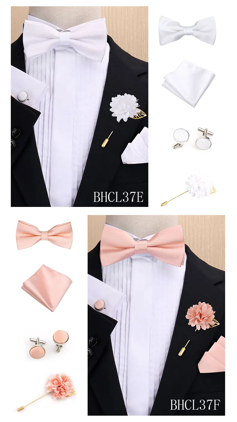 Modisches einfarbiges Fliege-Set für Herren, Fliege, Taschentuch, Manschettenknöpfe mit floraler Brosche, Anzug, Hochzeit, Business, Herren-Accessoires – Detail 8
