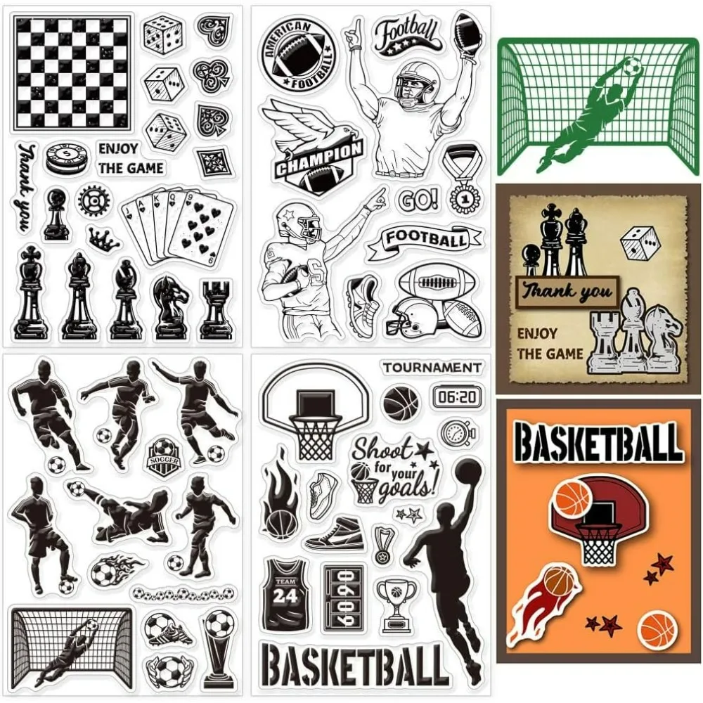 

4 Sheets Sports Theme Clear Stamps DIY Scrapbooking Basketball Chess Football Rugby Clear Stamp Stamps Cards oto