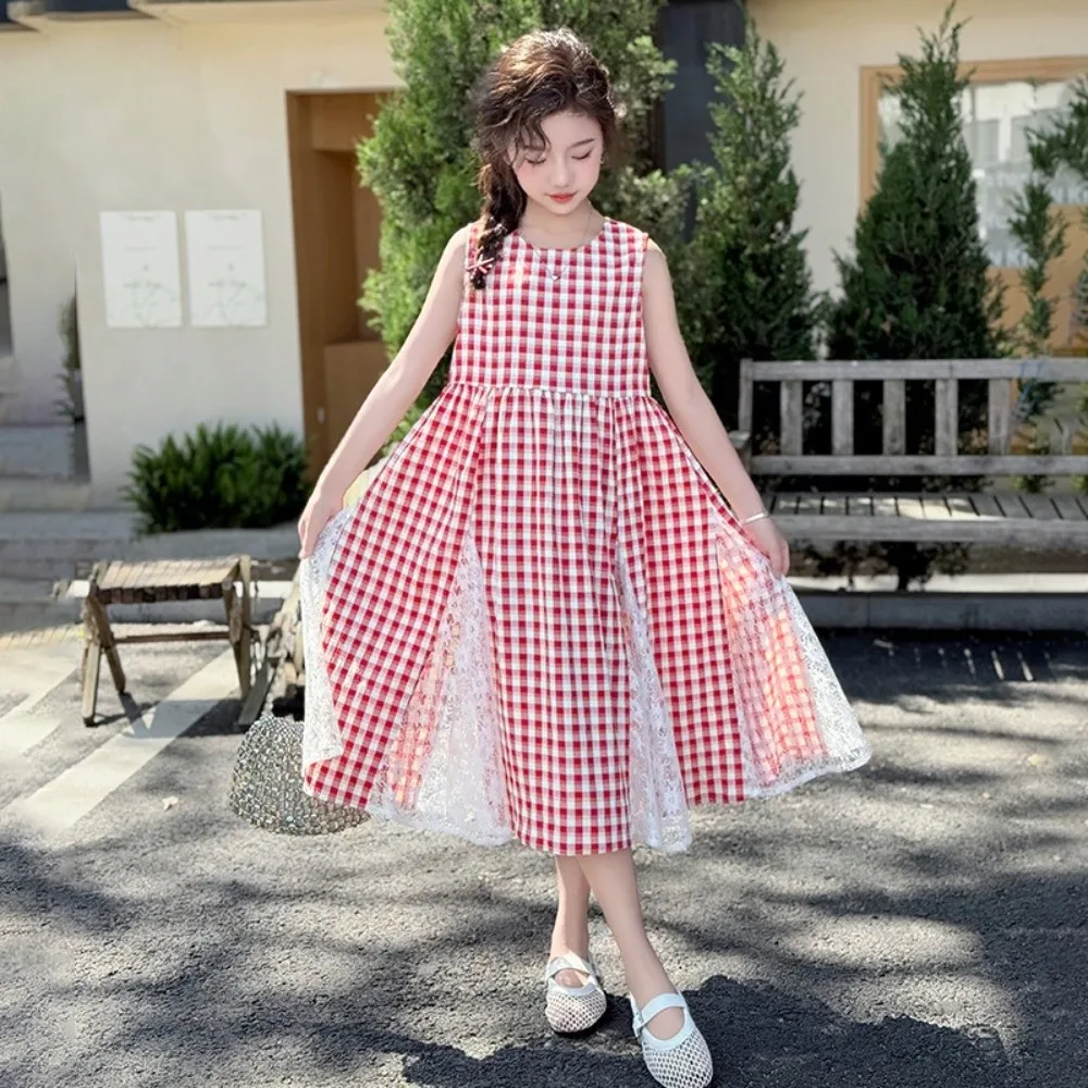 

Детское клетчатое платье с круглым вырезом, детское длинное платье принцессы без рукавов в сетку, повседневное платье с сетчатой кружевной юбкой в стиле пэчворк для девочек