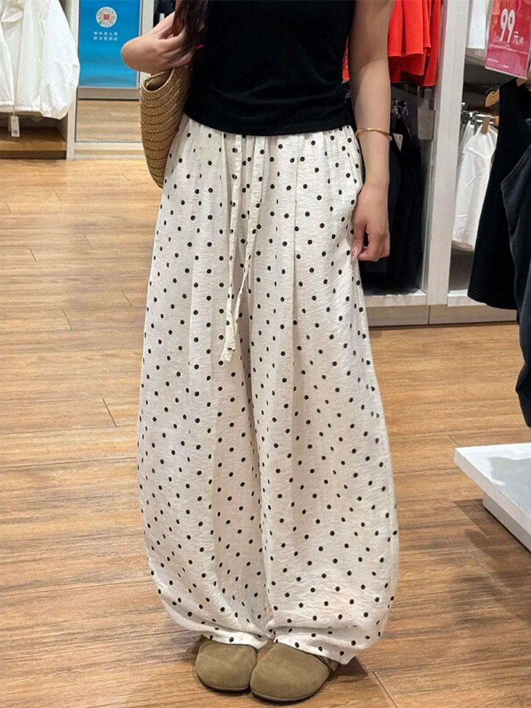 

High Waist Draped Thin Summer Casual Pants Women's Artistic Polka Dot Trousers Breathable Loose Fit Straight Leg Pants