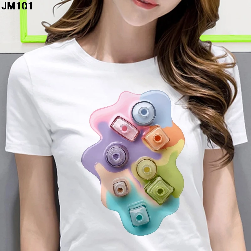 Short Sleeve O Neck Tshirt Beautiful Women's Shirt Tops Cartoon 3D Nail Polish Printing T-shirt Harajuku Female Clothing T Shirt