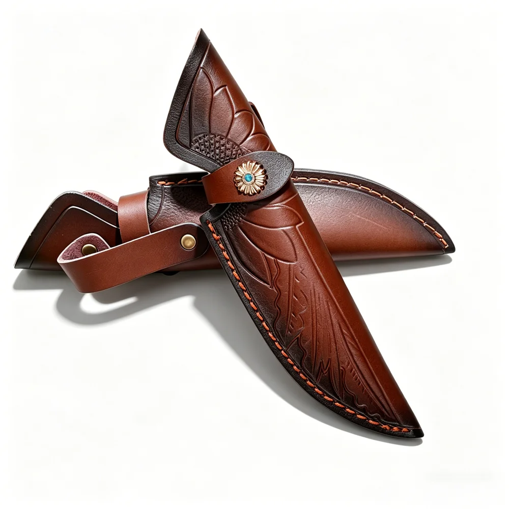 

24cm Fixed Blade Knife Scabbard Embossed Cowhide Portable Holster Camping Knife Case Hunting Knife with Belt Buckle