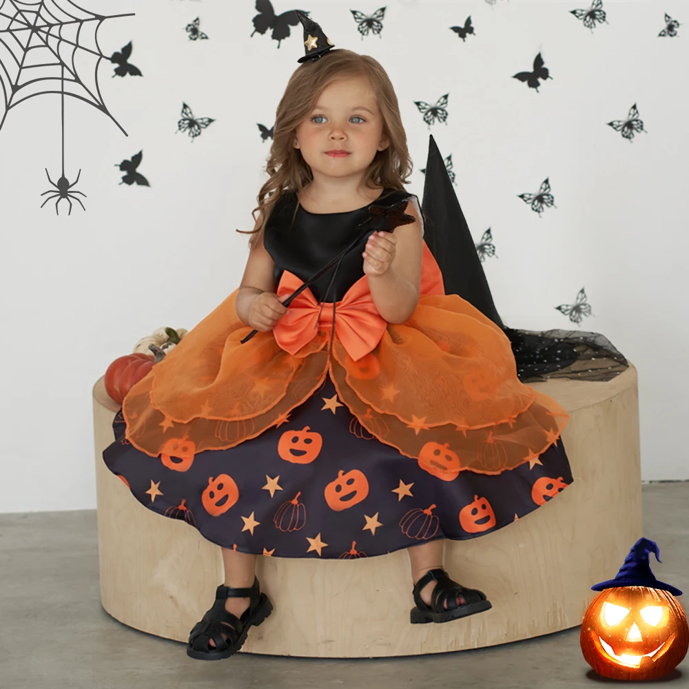 

Baby Girl Dress Halloween Pumpkin Print Princess Kids Clothes Birthday Party Toddler Ball Gown Christening Infant 1st Vestidos