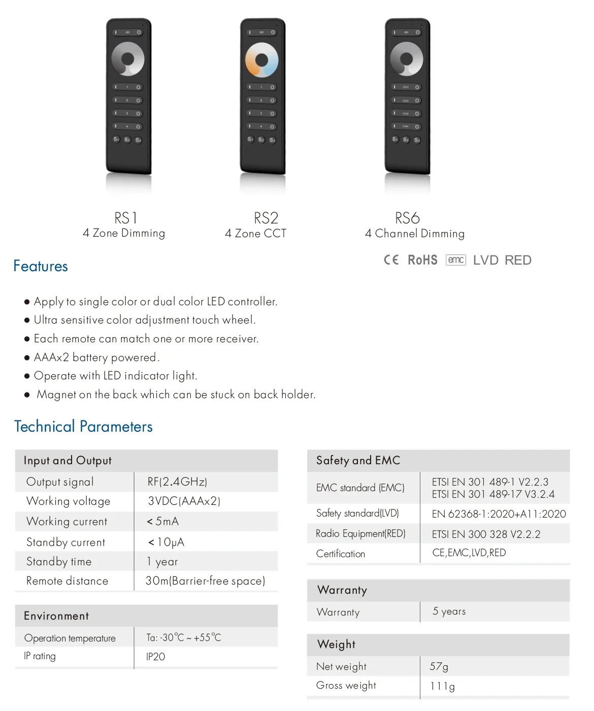 RS1/RS2/RS3/RS4/RS6/RS8/RS9/RS10 1/2/4/8 Zone Single color/Dual color/RGB/RGBW/RGB+CCT 2.4G RF Remote Controller for Led Strip