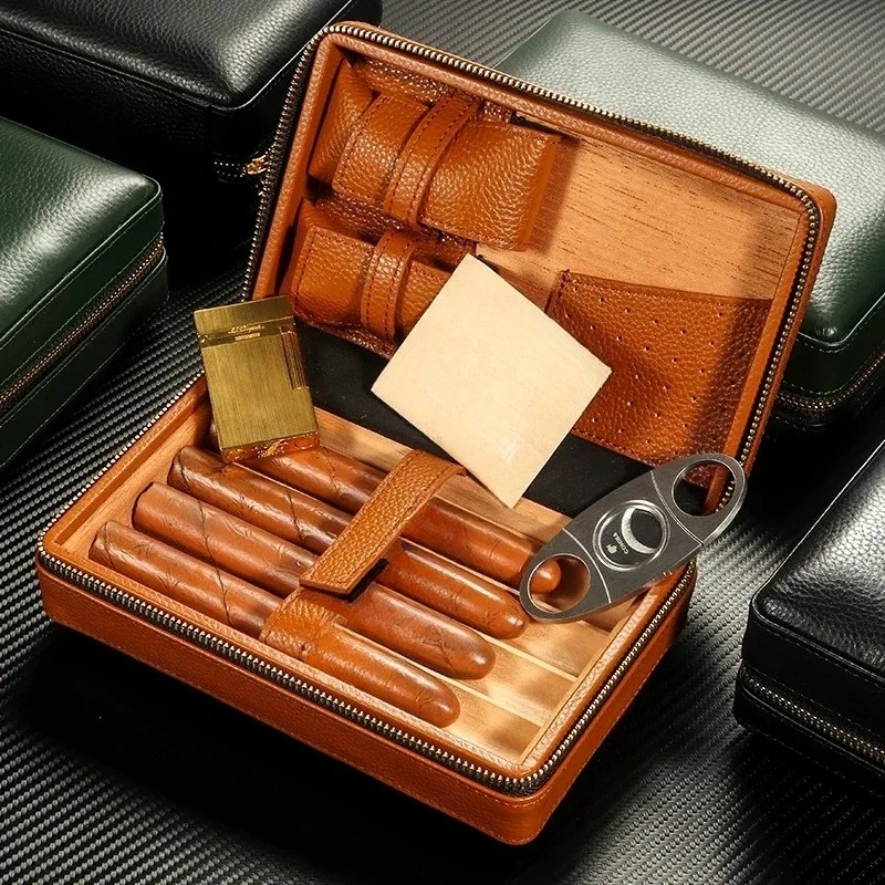 Cigar Box Genuine Leather Spanish Cedar Wooden Cigar Case Humidor Luxury Storage Accessories for Travel