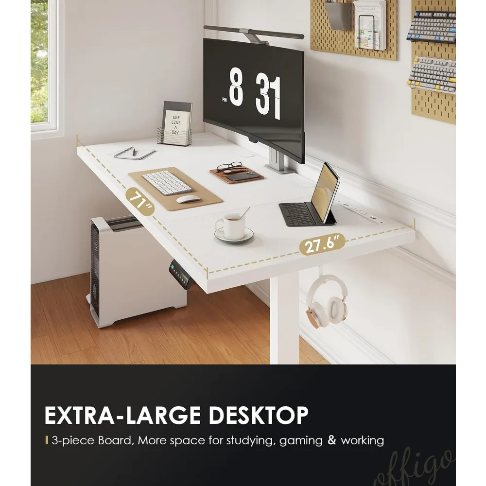 Electric Height Adjustable Standing Desk 71 Inch, Large Sit-Stand Table with Power Outlets, Writing Desk for Office Use