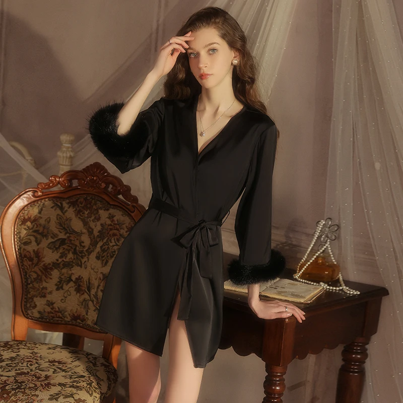 깃털 목욕 가운 새틴 섹시한 미니 드레스 긴 소매 잠옷 여성용 가운 흰색 웨딩 드레스 블랙 신부 드레스