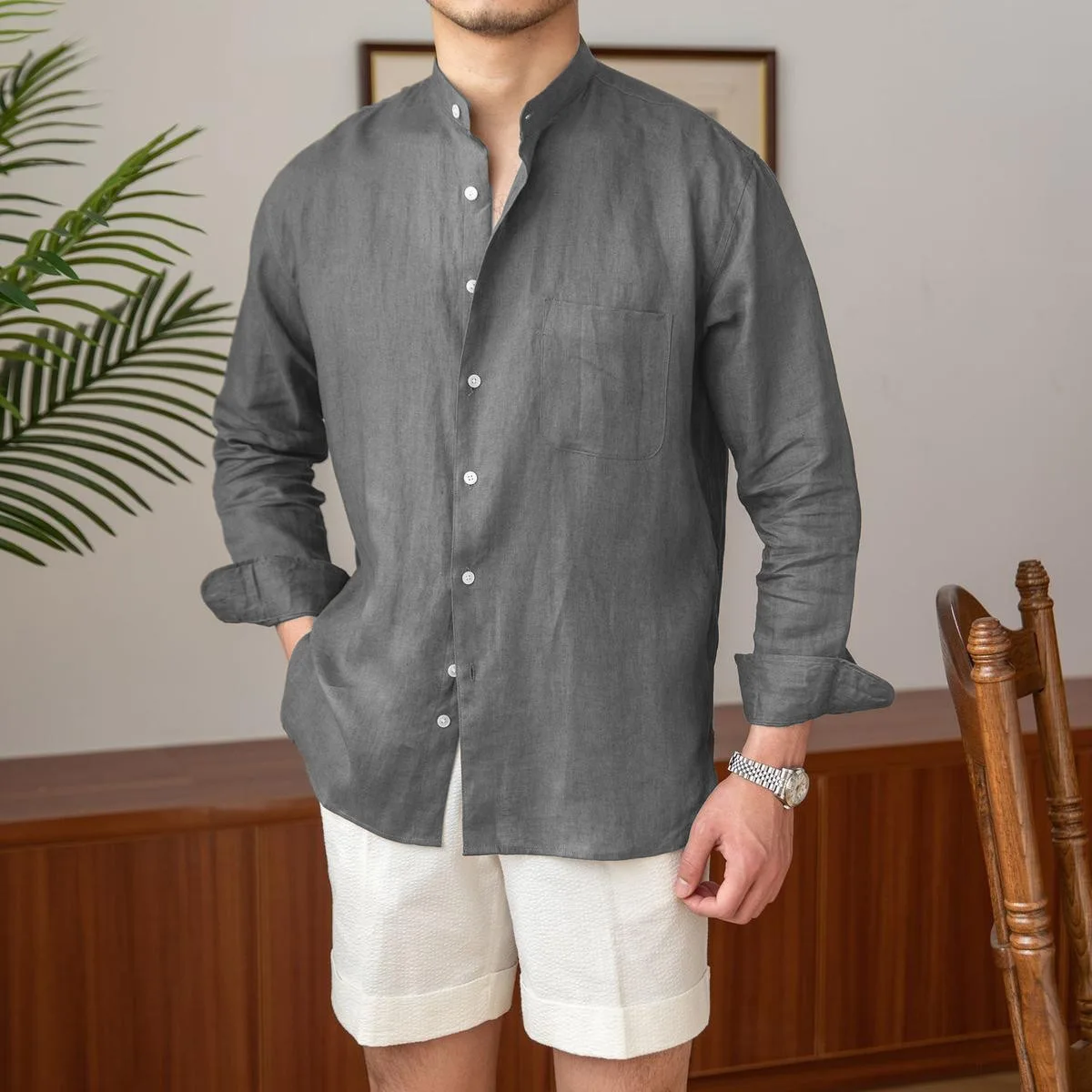 

Men's Casual Long Sleeve Pure Linen Shirt Stand Collar Lightweight Breathable Solid or Floral Spring Versatile Top