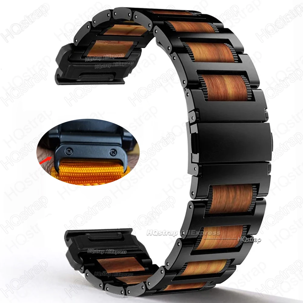 QuickFit 26mm Wood Steel Strap for Garmin Tactix 7Pro Fenix 7X 6X Pro 5X Plus Bracelet for Garmin Watch Band Luxury Accessories