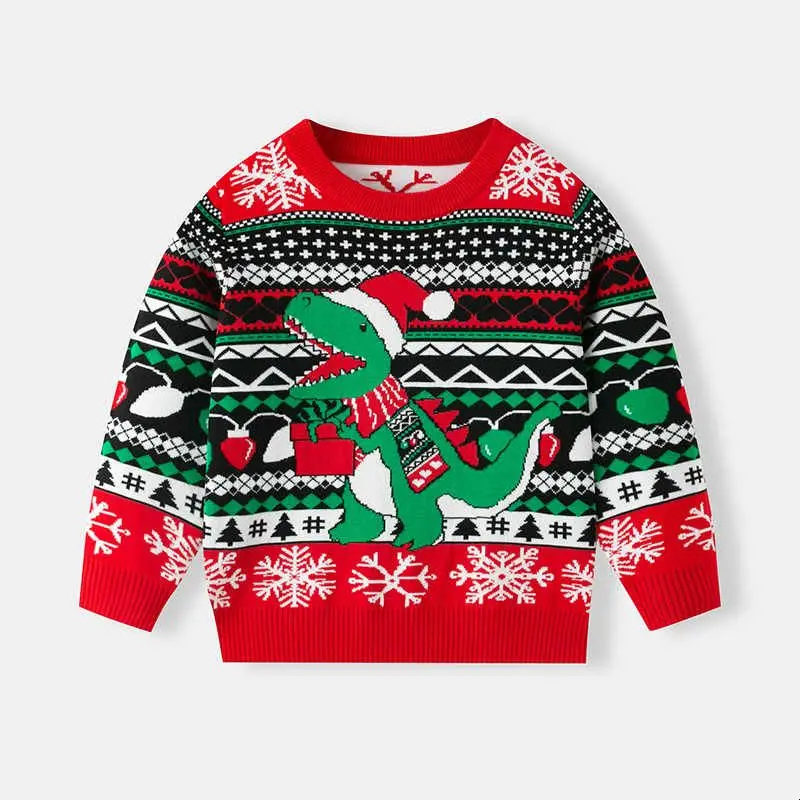 クリスマス恐竜セーター-男の子用-ニット製子供服-2025-ホリデーシーズナルウェア-商品名：ブランド登録商標なし