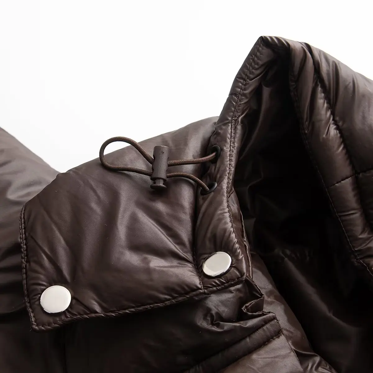 سترة نسائية بنية اللون بياقة واقفة منتفخة للخريف والشتاء، بسيطة ودافئة وفضفاضة، سترات بأكمام طويلة وسحاب وأزرار خارجية