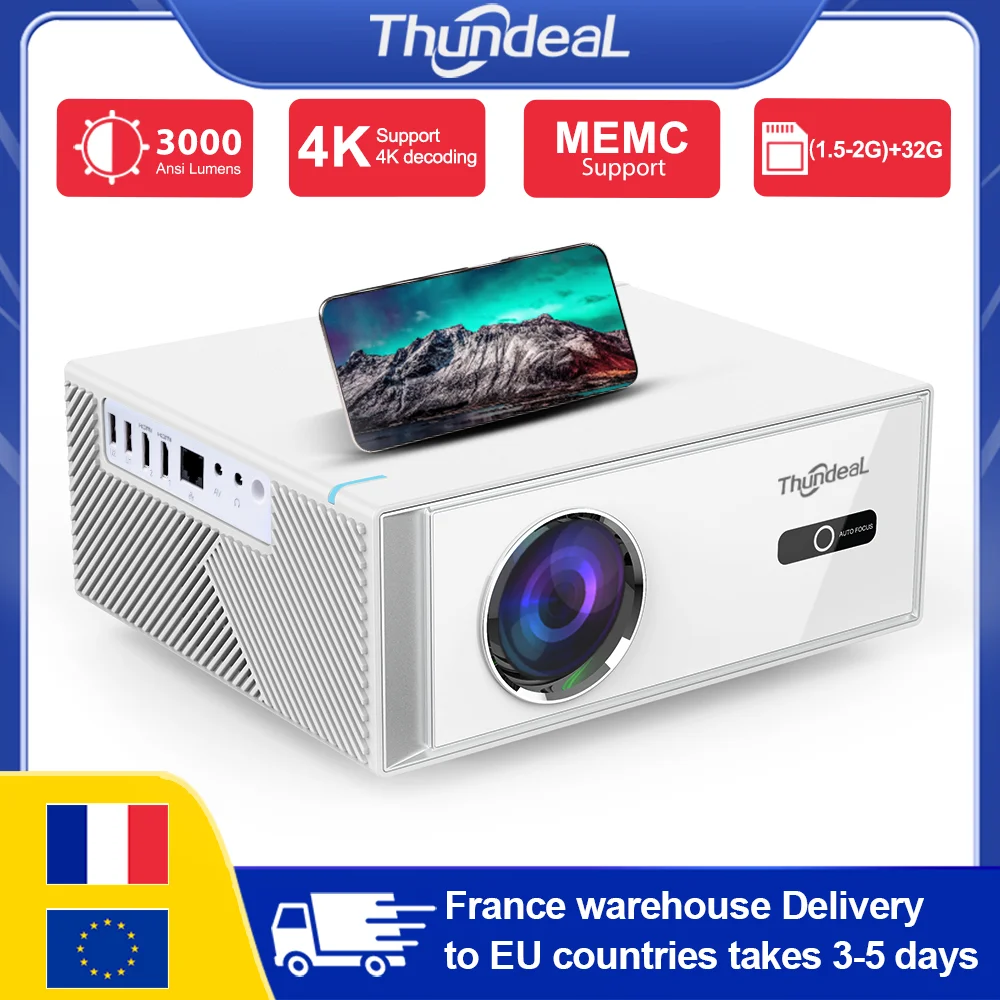 Projecteur intelligent portable ThundeaL 4K TD95W 1080P Full HD 2G 32GB 5G WiFi BT5.0 pour cinéma maison, films en plein air et réunions