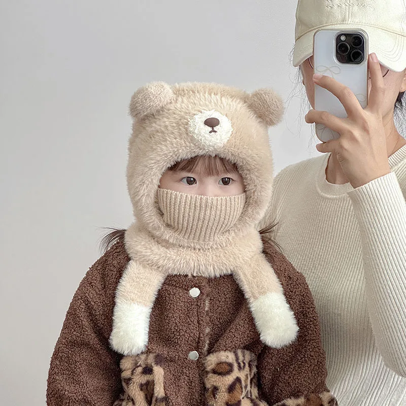 

Kids 3-in-1 Warm Plush Hat Scarf Mask - Autumn Winter Windproof Ear Cover Pullover, Integrated Soft Cold-Proof for Boys Girls