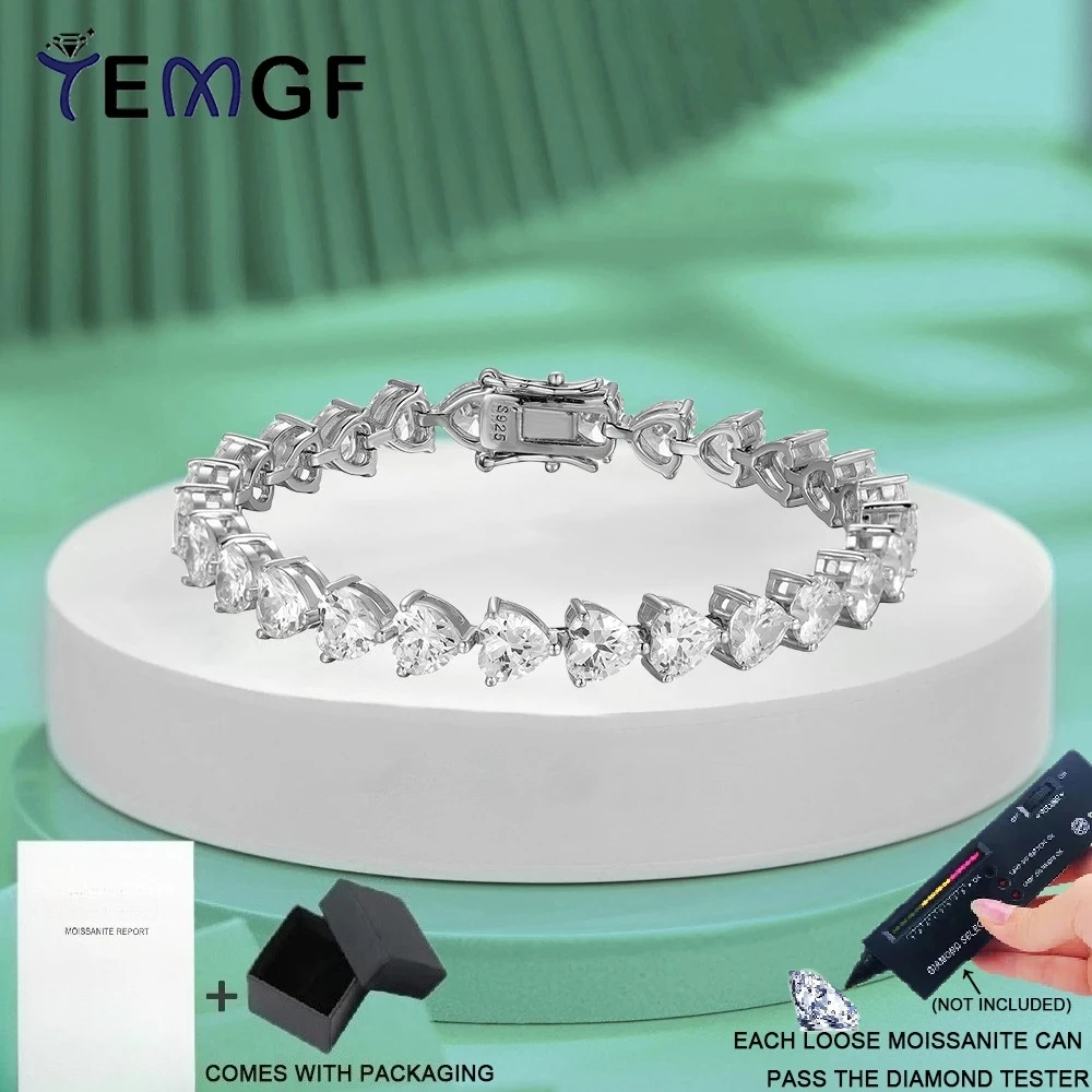 

TEMGF Full 6mm Heart Cut Moissanite Bracelet 925 Sterling Silver Luxury Jewelry With GRA for Women Wedding Anniversary Love Gift