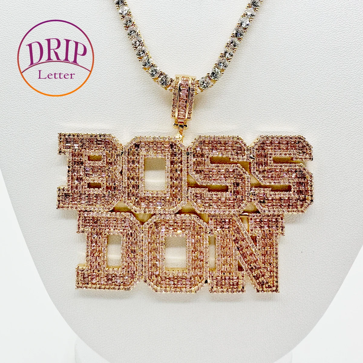 

Drip Letter Pink Baguette Custom Name Necklace for Women Iced Out Pendant Personalized Fashion Hip Hop Jewelry