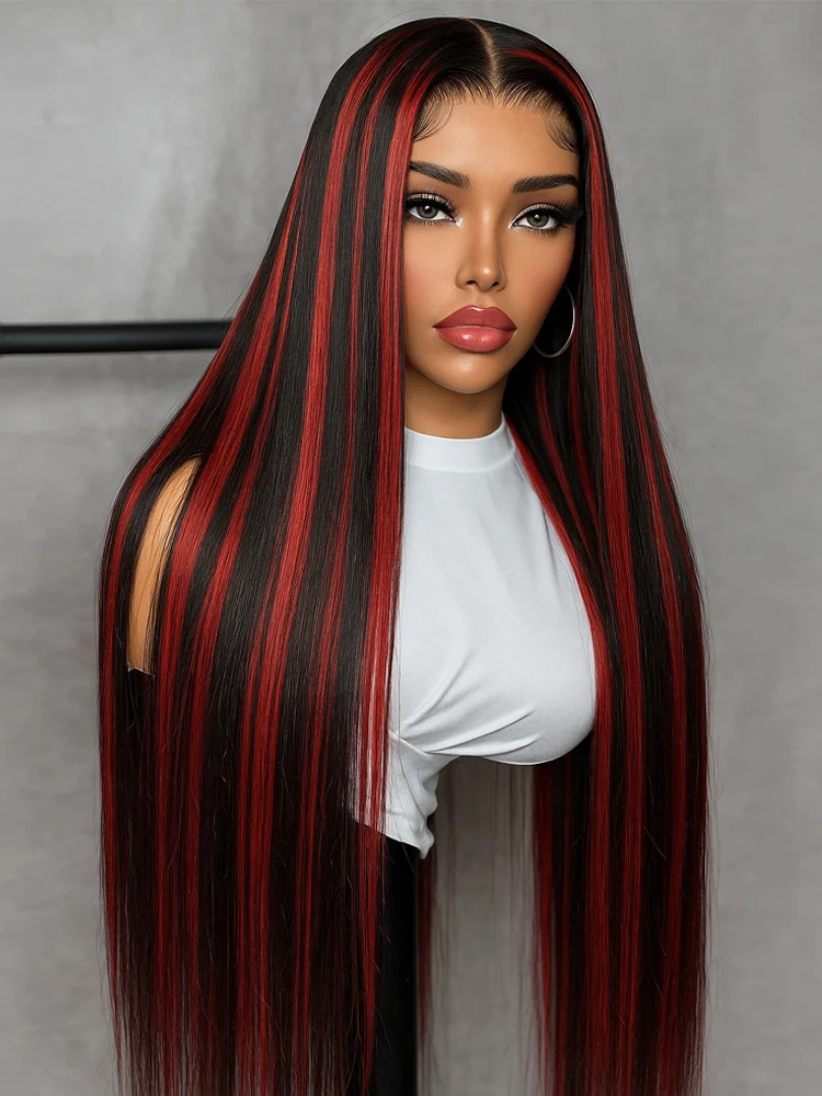 Highlight Lace Closure Wigs Human Hair Bone Straight Red With Black No Silk 5x5 Glueless Lace 1B/99J Colored  Wig Pre Plucked